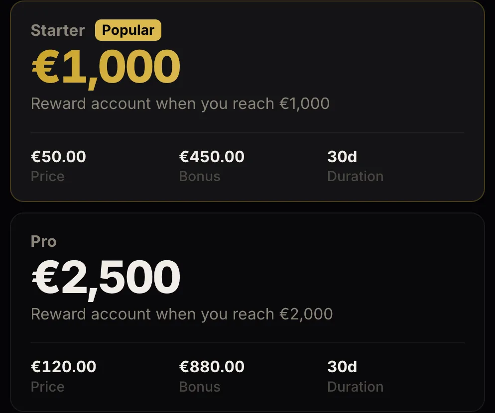 FAST widget: Starter and Pro challenge tiers with price, bonus balance, target and duration